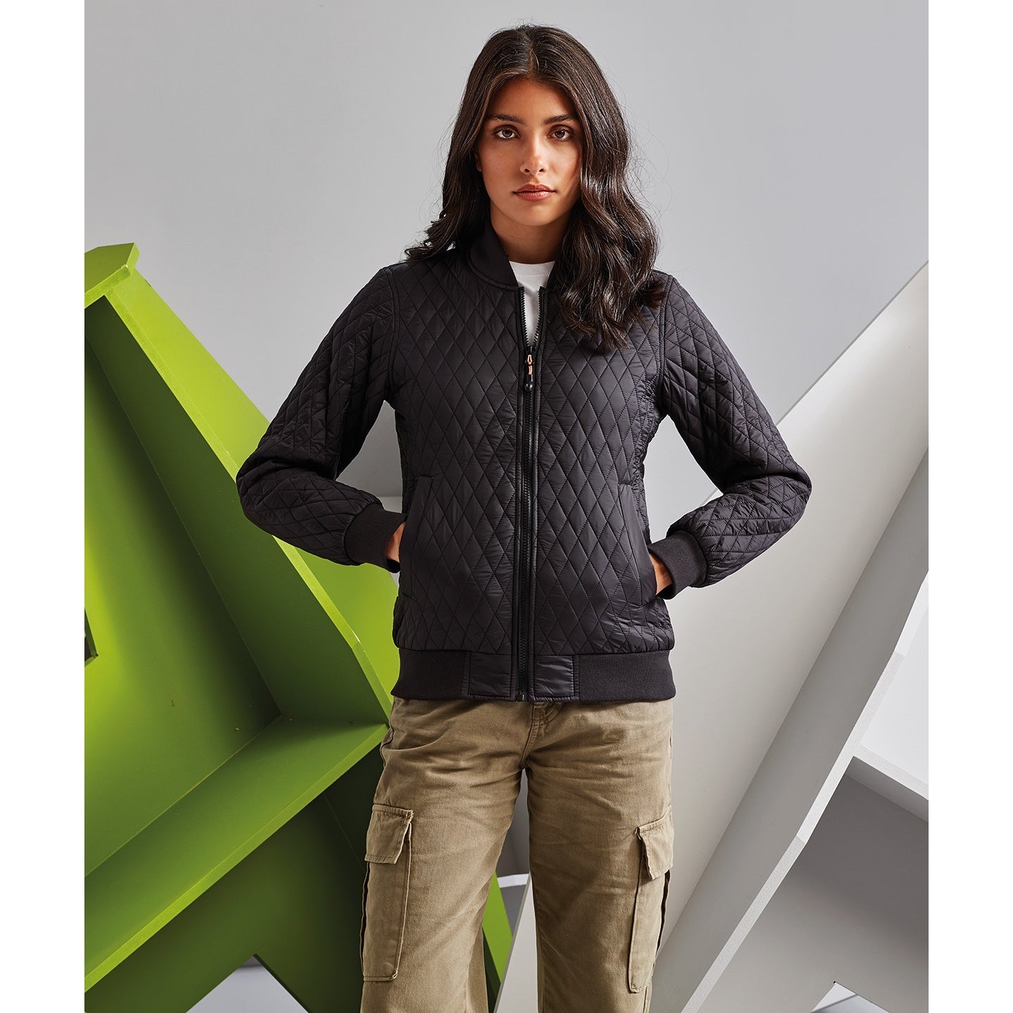 2786 Women's Quilted Bomber Flight Jacket Slim Fit with Ribbed Knit Collar