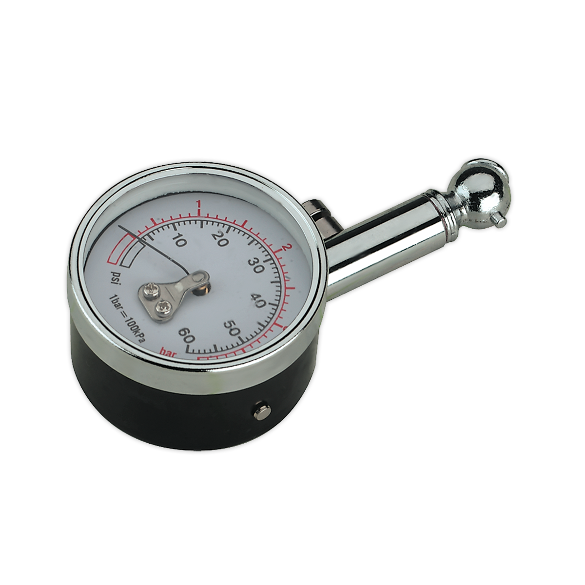 Sealey Tyre Pressure Gauge 0-4bar 0-60psi Metal Body 50mm Dial 45Â° Chuck