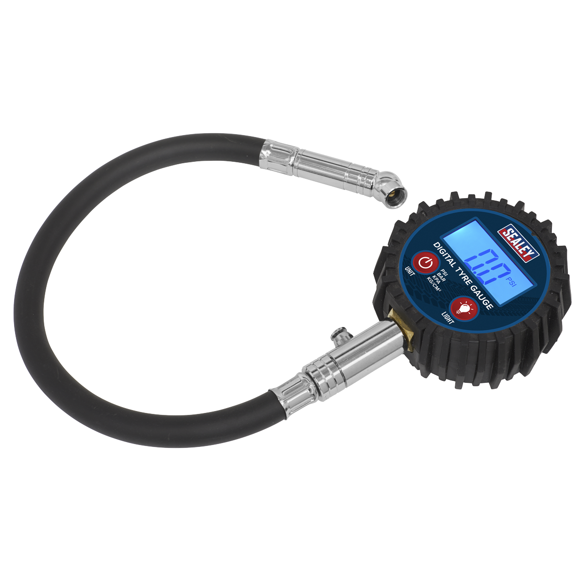 Sealey Digital Tyre Pressure Gauge 0-150psi with Push-On Connector and Hose