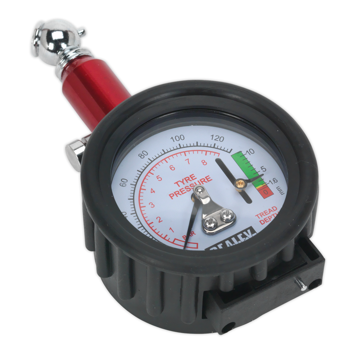 Sealey Tyre Pressure Gauge 0-8bar with Tread Depth Gauge 0-10mm Rubber Bumper