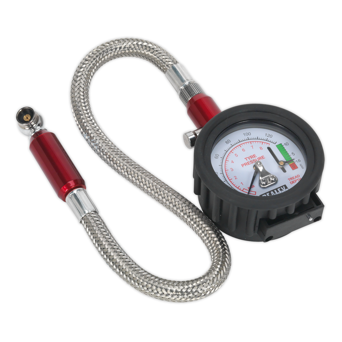 Sealey Tyre Pressure and Tread Depth Gauge with Flexible Hose 0-8bar 120psi