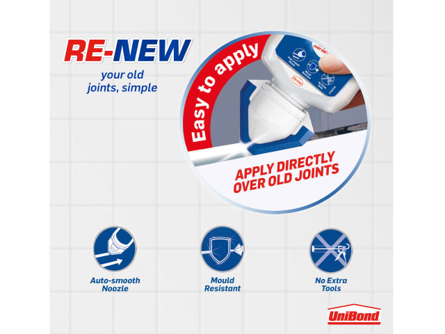UniBond RE-NEW Silicone Sealant White 80ml Mould Resistant Auto-Smooth Nozzle