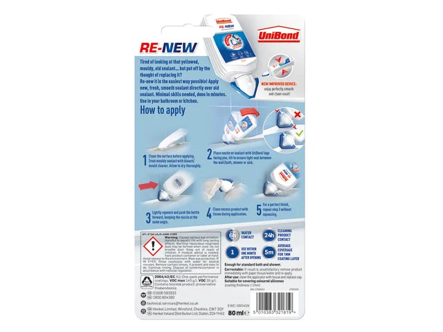 UniBond RE-NEW Silicone Sealant White 80ml Mould Resistant Auto-Smooth Nozzle