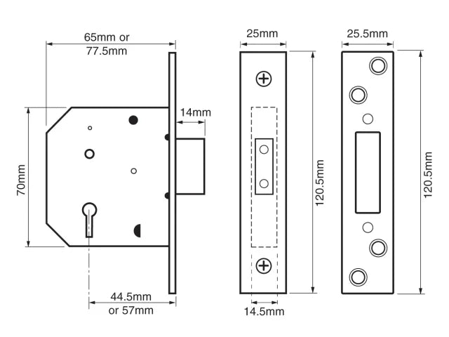 Union 2101 5 Lever Mortice Deadlock Satin Brass Finish 65mm for Timber Doors
