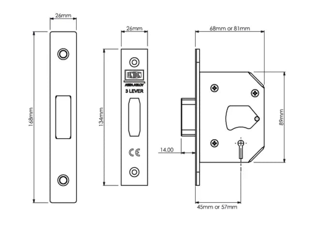UNION StrongBOLT 2103S 3 Lever Mortice Deadlock Polished Brass 68mm Visi