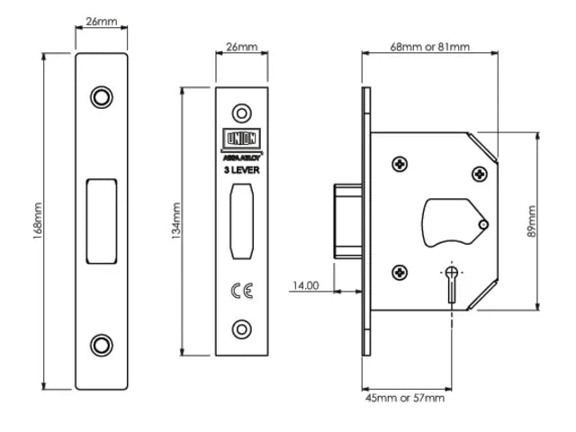 UNION StrongBOLT 2103S 3 Lever Mortice Deadlock Polished Brass 81mm 3in