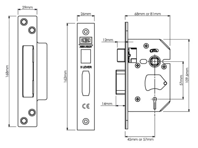 UNION StrongBOLT 2203S 3 Lever Mortice Sashlock Polished Brass 68mm
