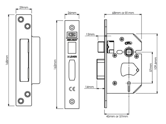 UNION StrongBOLT 2203S 3 Lever Mortice Sashlock Polished Brass 81mm Visi