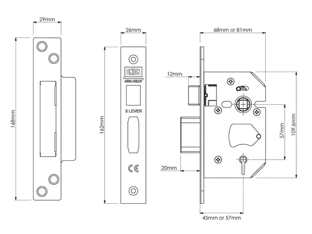 UNION StrongBOLT 2205S 5 Lever Mortice Sashlock Polished Brass 68mm Visi
