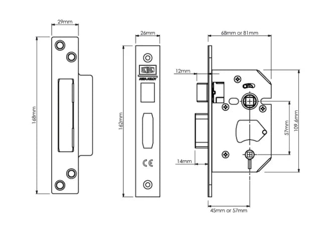UNION StrongBOLT 22WCS Mortice Bathroom Lock Polished Brass 68mm Reversible