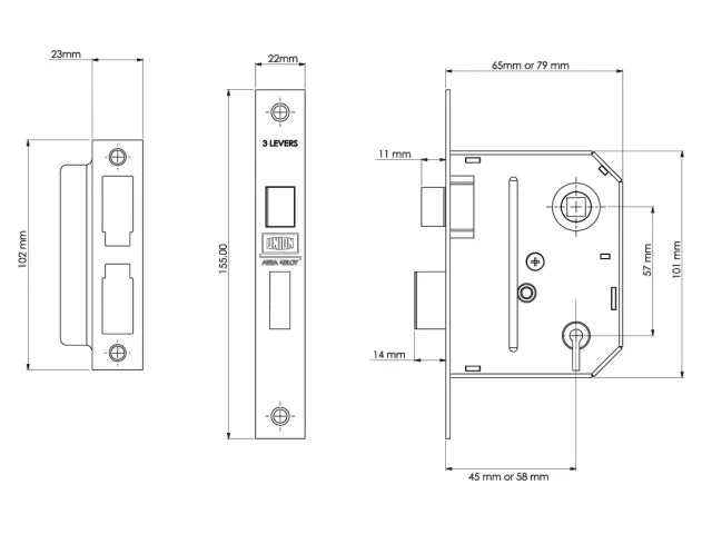 UNION ES-SL 3 Lever Mortice Sashlock Chrome 65mm Secure Deadlocking Lock