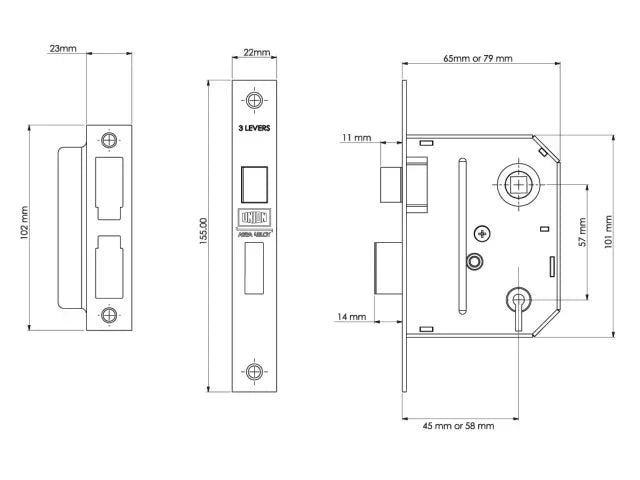 UNION ES-SL Essentials 3 Lever Mortice Sashlock Polished Brass 65mm