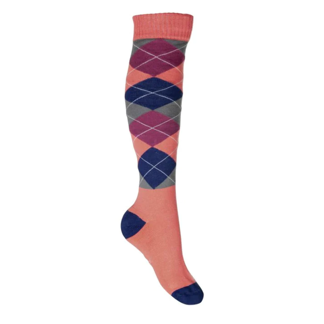 HKM Riding Socks Checked -Warming Up #colour_coral-blue-checked