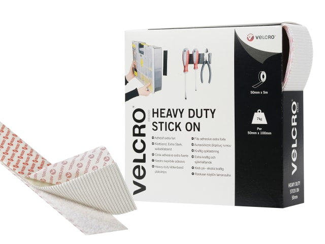 VELCRO Brand Heavy-Duty Stick On Tape 50mm x 5m White - Strong Adhesive Solution
