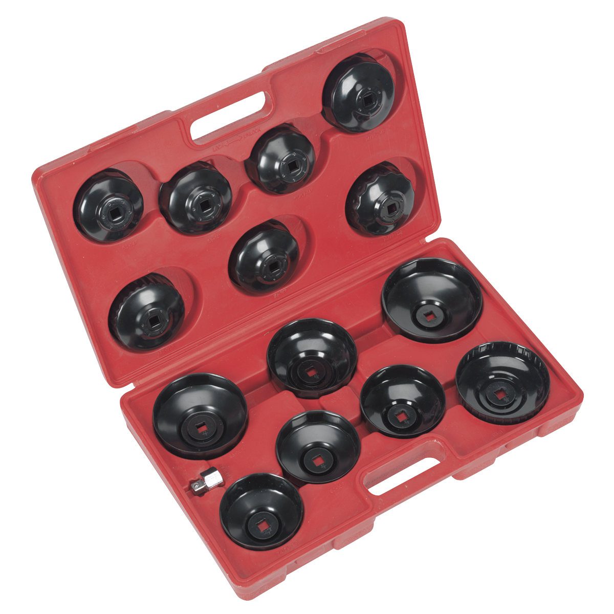 Sealey 15pc Oil Filter Cap Wrench Set 3/8" 1/2" Drive Rust Resist. Storage Case