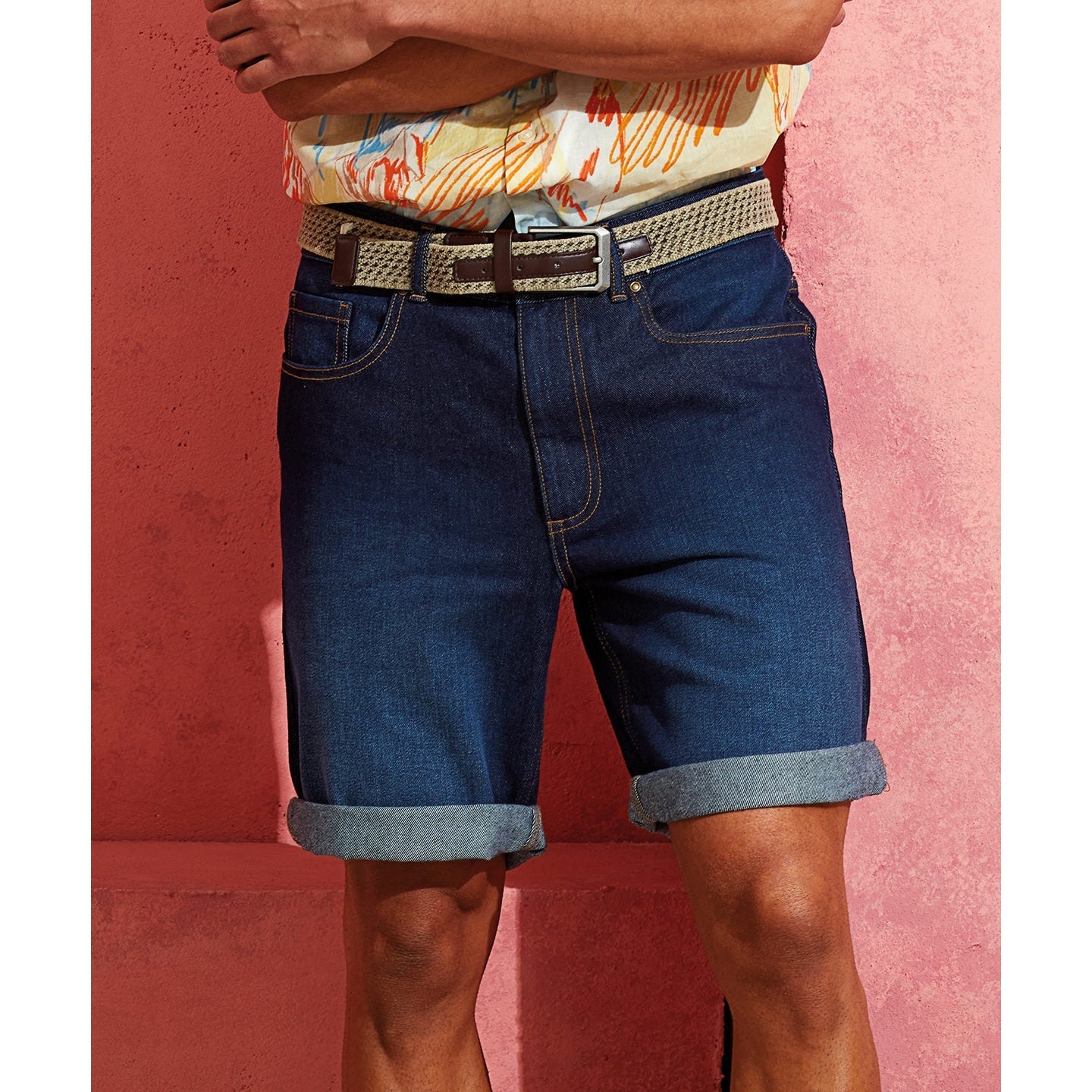 Wombat Men's Denim Shorts Washed Cotton Contrast Stitching Brass Details