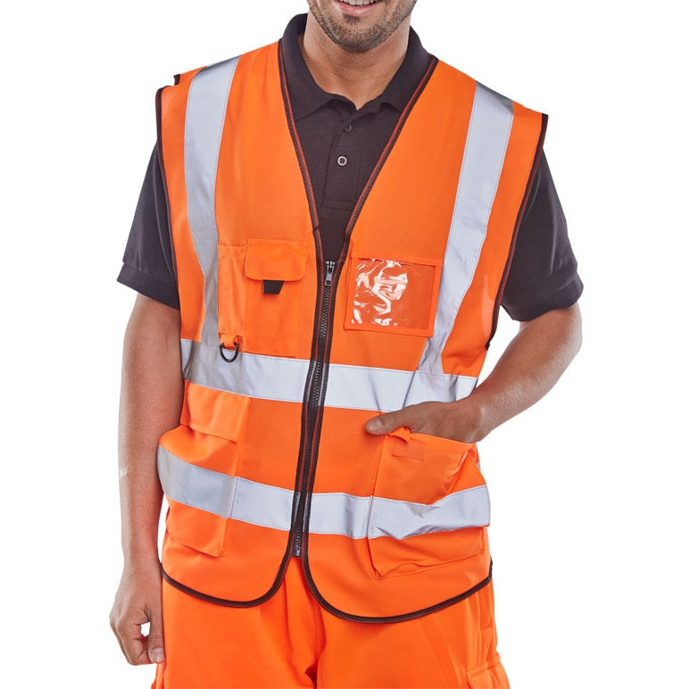 Beeswift Hi Vis Executive Vest Polyester Zip Front Reflective Pockets ID Pouch