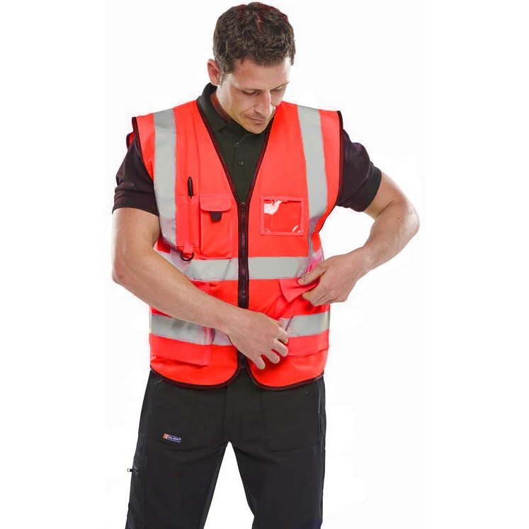 Beeswift Hi Vis Executive Vest Polyester Zip Front Reflective Pockets ID Pouch