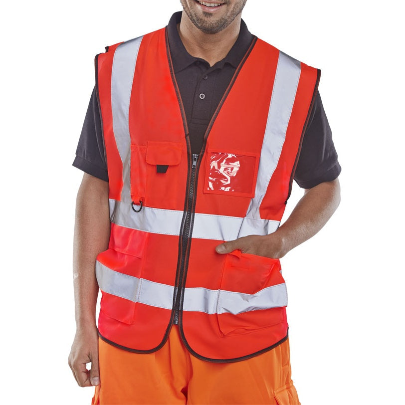 Beeswift Hi Vis Executive Vest Polyester Zip Front Reflective Pockets ID Pouch