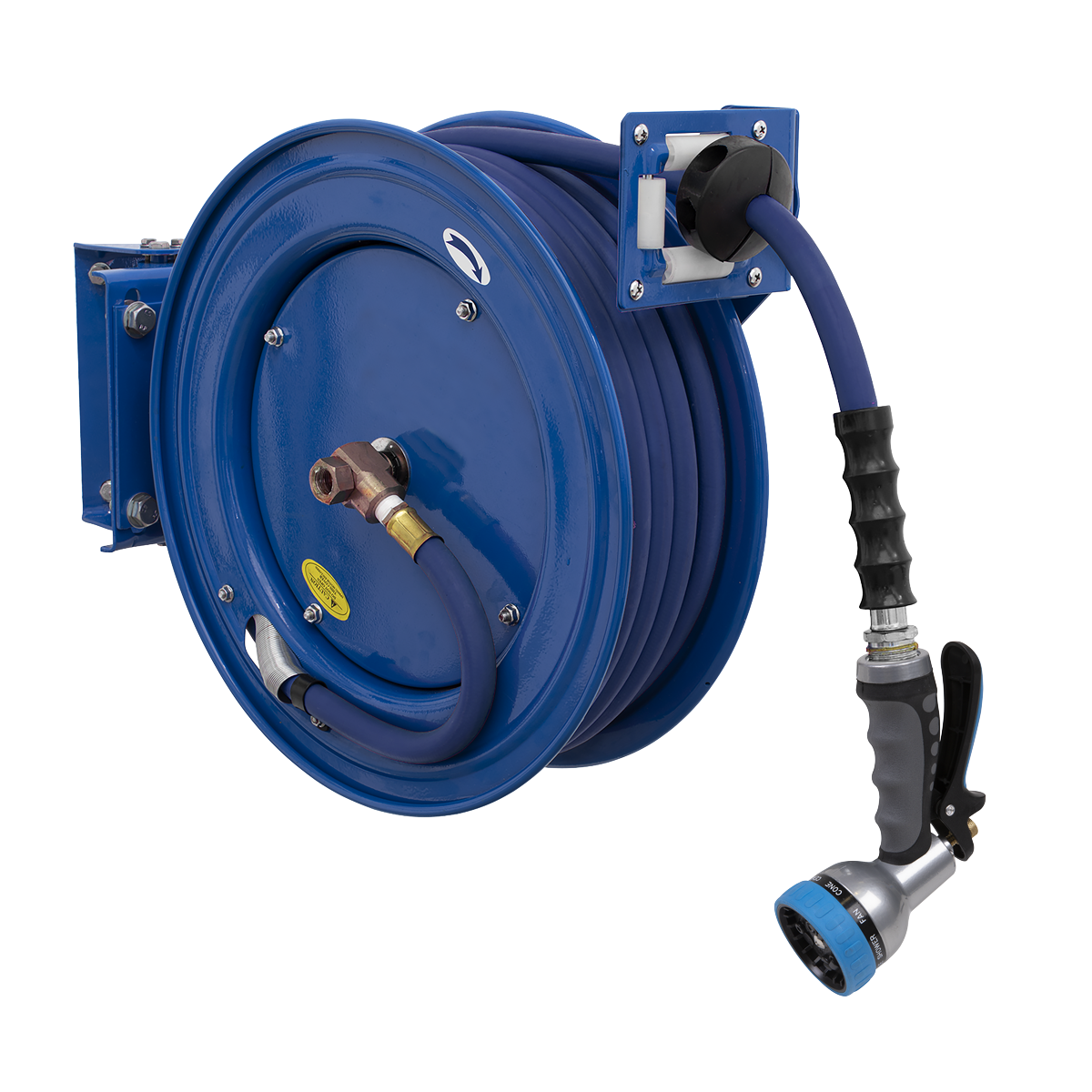 Sealey Heavy-Duty 15m Retractable Water Hose Reel with Metal Spray Gun