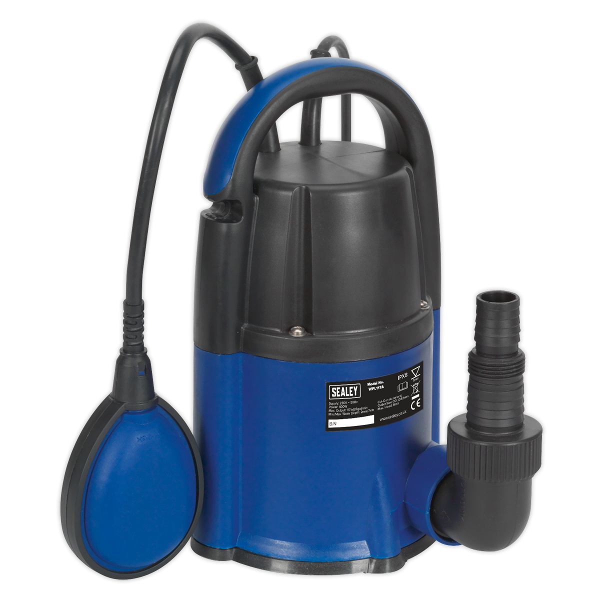 Sealey WPL117A Submersible Water Pump 117L/min Automatic Low Level 2mm