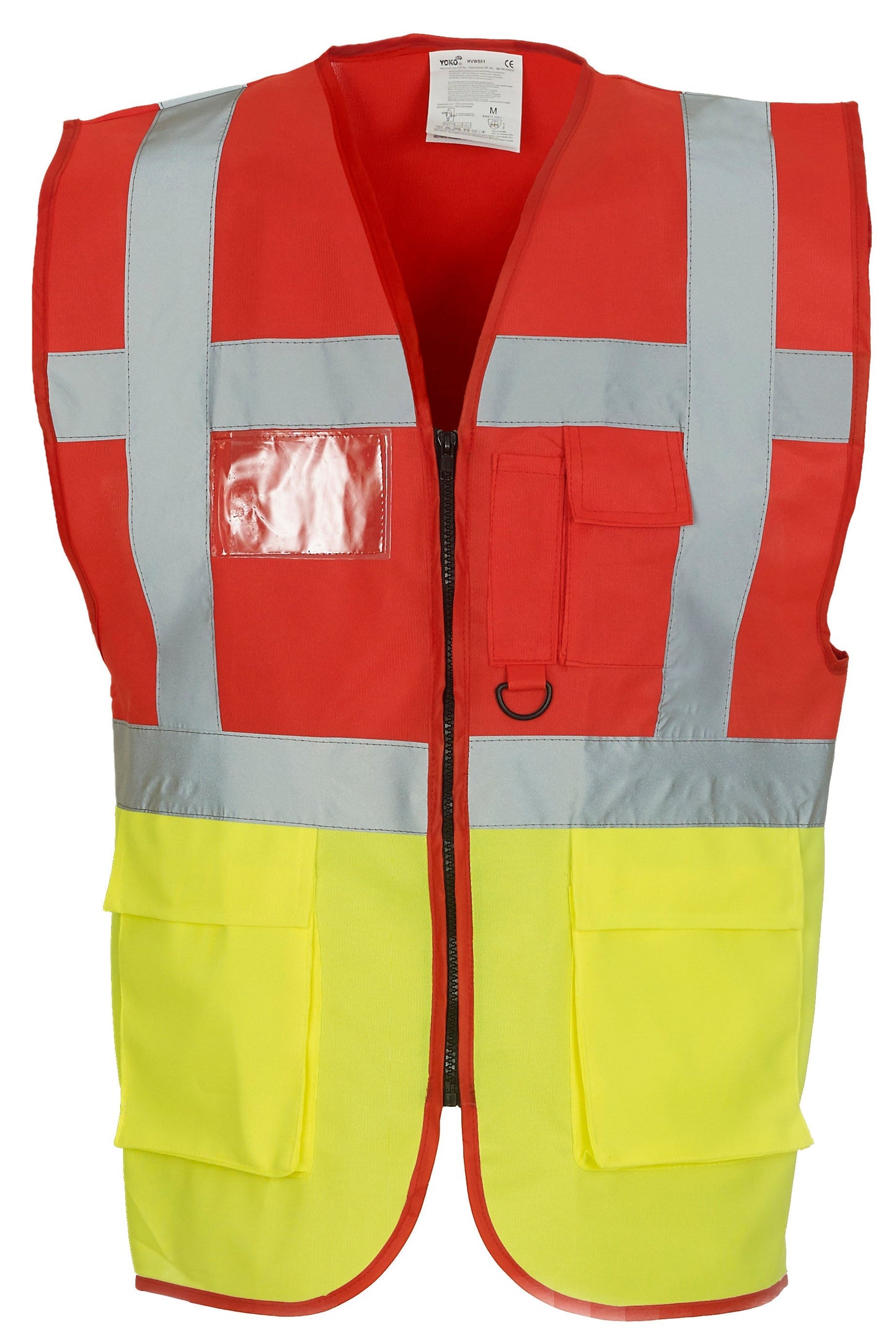 Yoko Hi-Vis Executive Waistcoat Red/Yellow Zip Front Multi-Pocket EN ISO20471