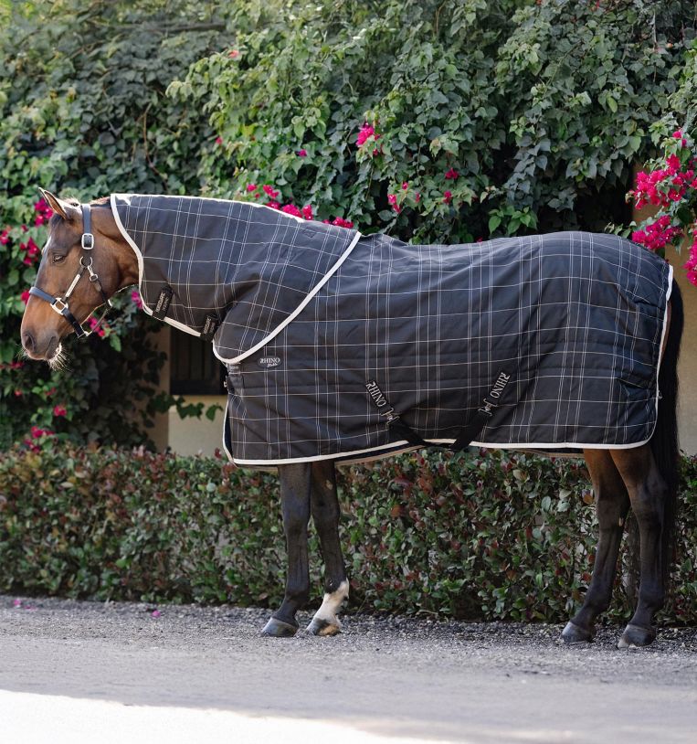 Horseware Ireland Rhino 200g Stable Hood #colour_black-grey-white-check-grey