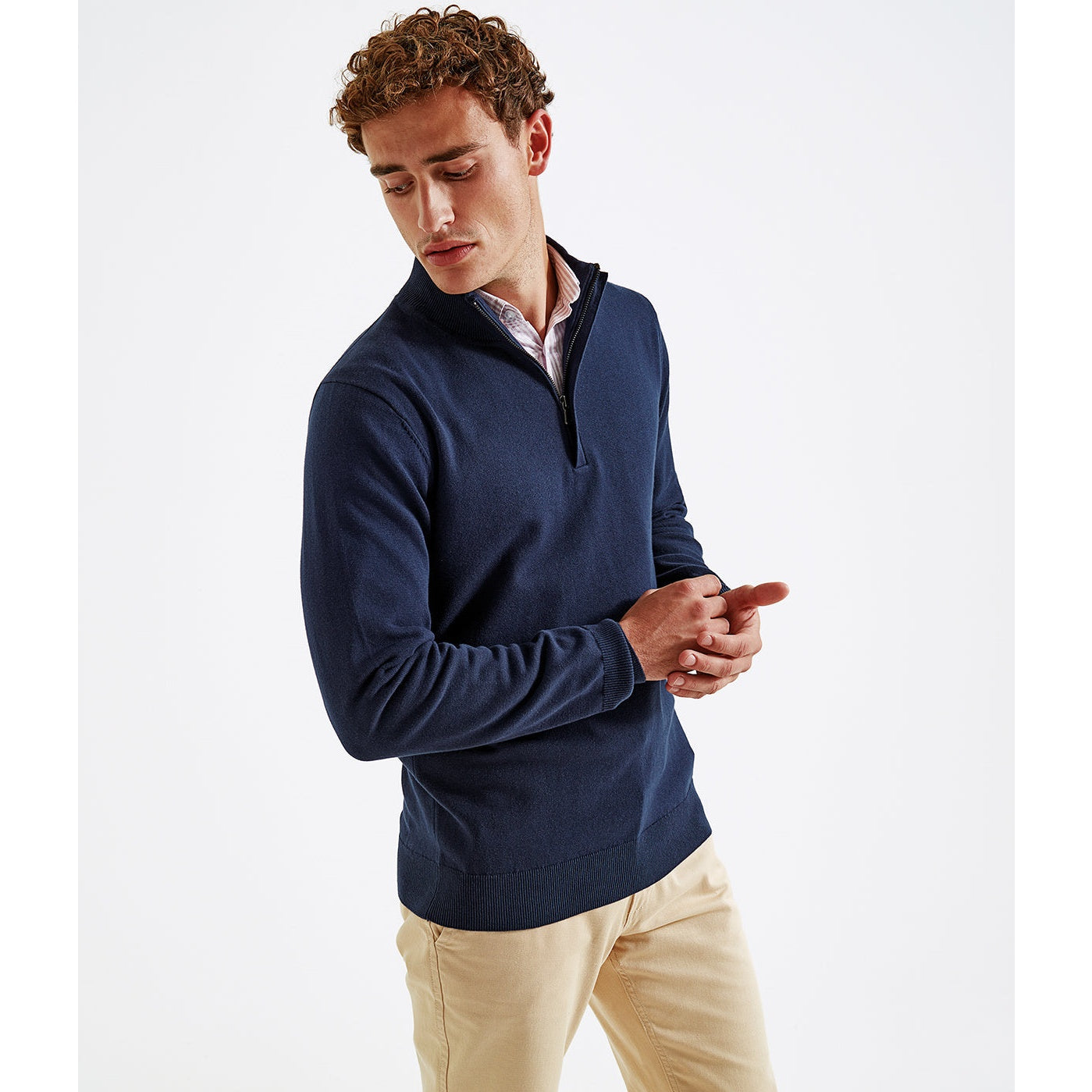 Asquith & Fox Men's Cotton Blend Â¼ Zip Sweater Decorative Stitching Sizes S-3XL