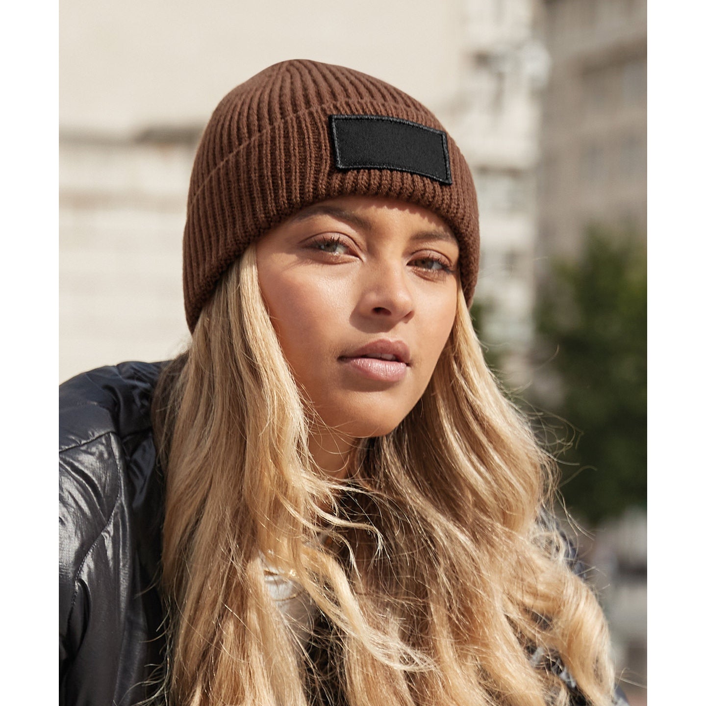Beechfield Fashion Patch Beanie Cuffed Ribbed Knit Recycled Polyester B442R