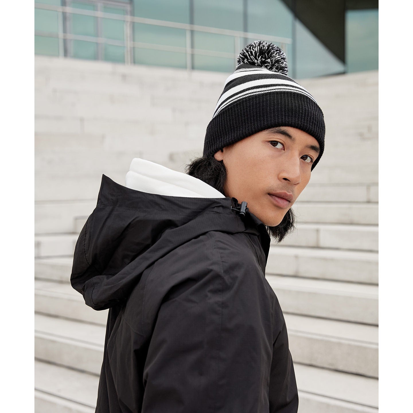 Beechfield Striped Fan Beanie Hat with Pom Pom Recycled Polyester Cuffed Design