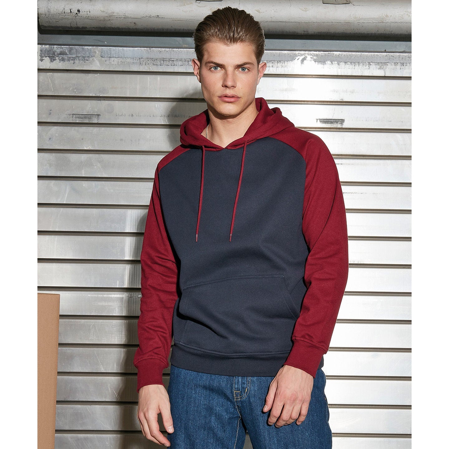 Build Your Brand Men's Raglan Hoodie Contrast Adjustable Hood Kangaroo Pocket