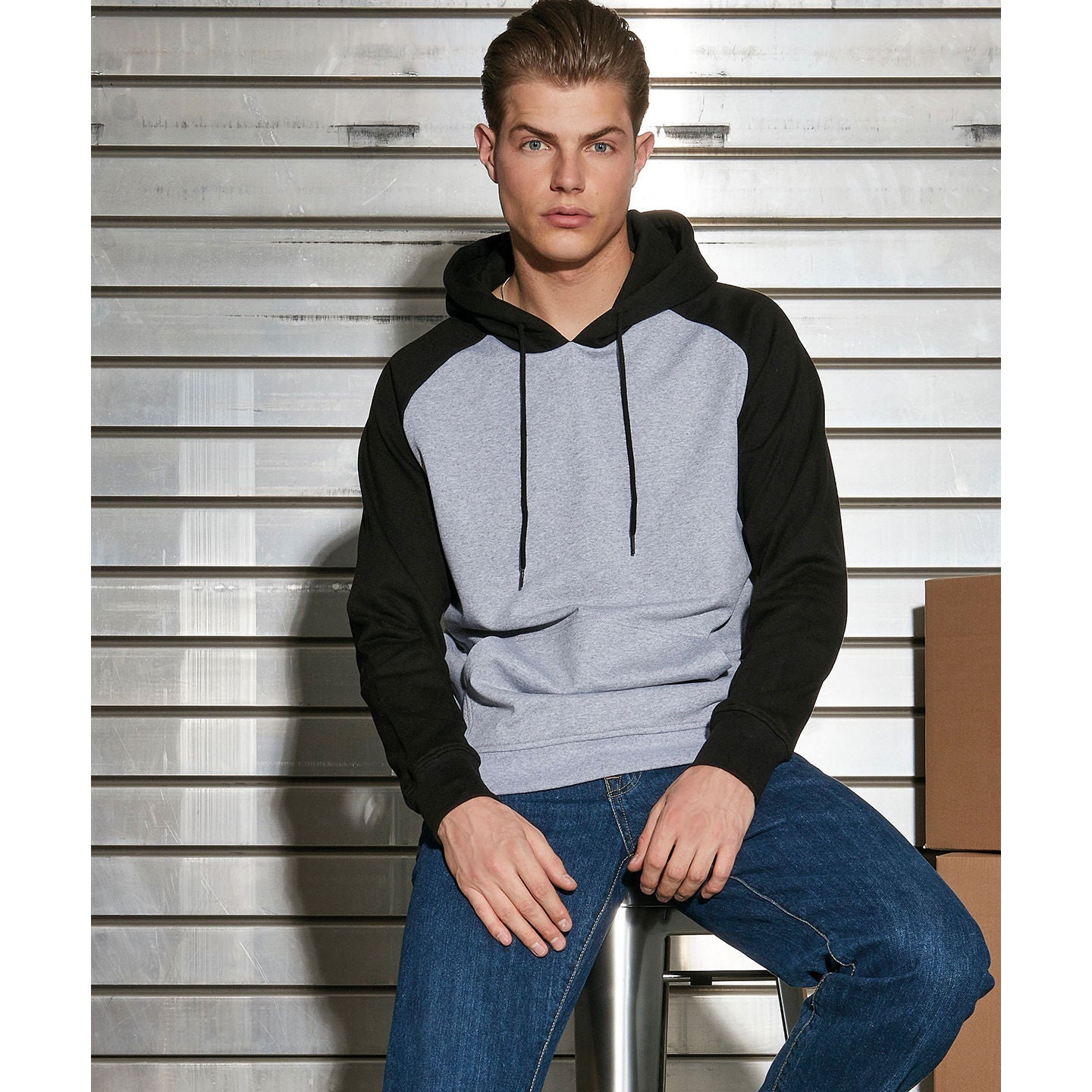 Build Your Brand Men's Raglan Hoodie Contrast Adjustable Hood Kangaroo Pocket