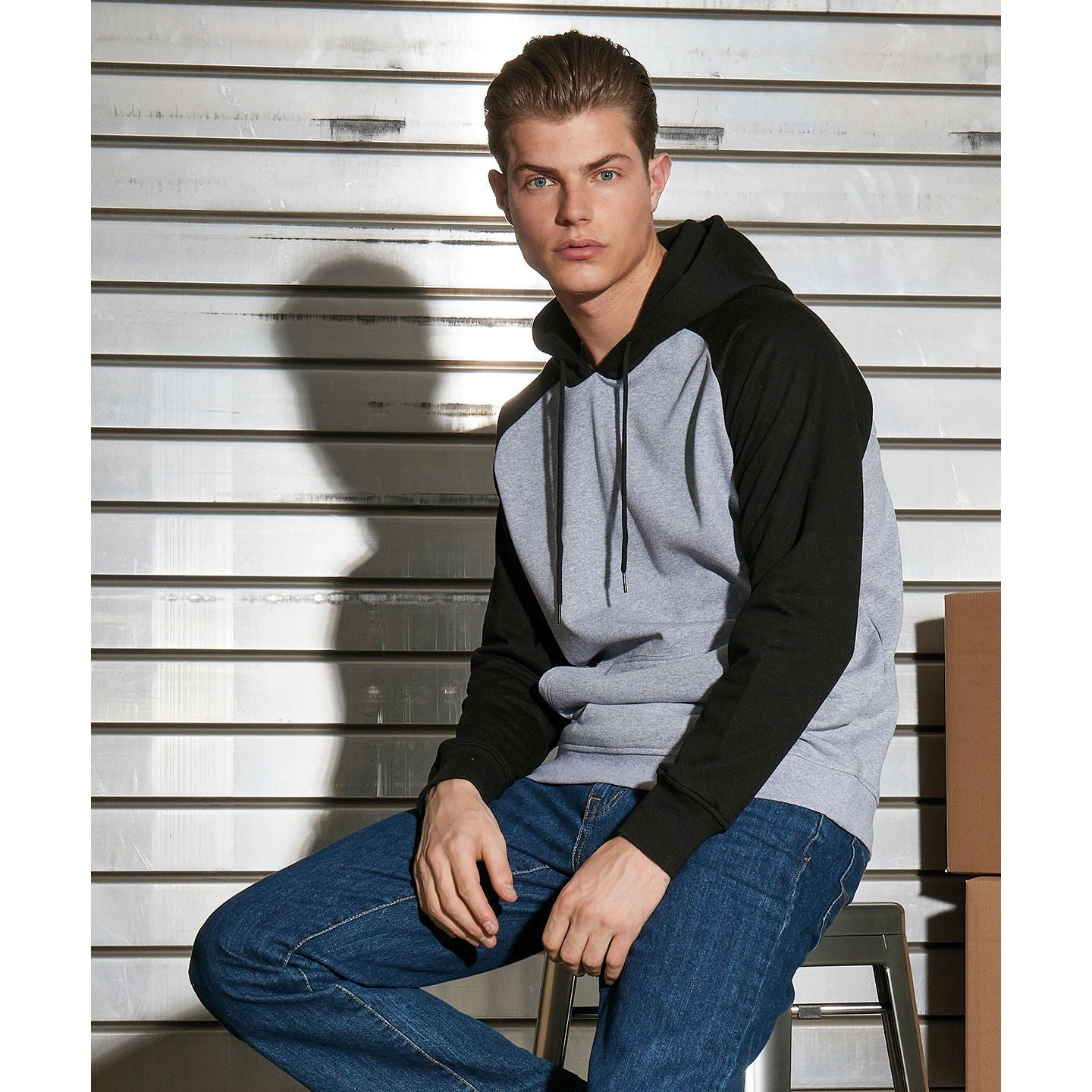 Build Your Brand Men's Raglan Hoodie Contrast Adjustable Hood Kangaroo Pocket