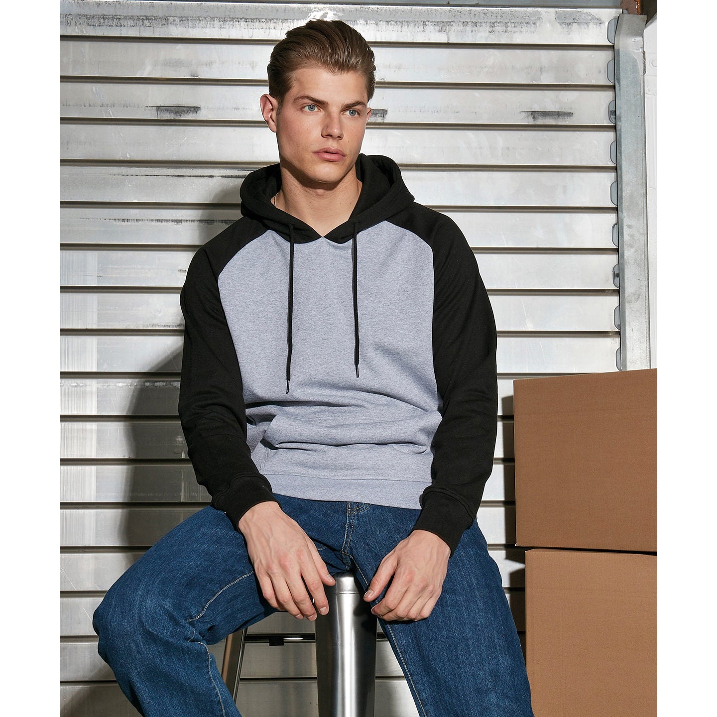 Build Your Brand Men's Raglan Hoodie Contrast Adjustable Hood Kangaroo Pocket