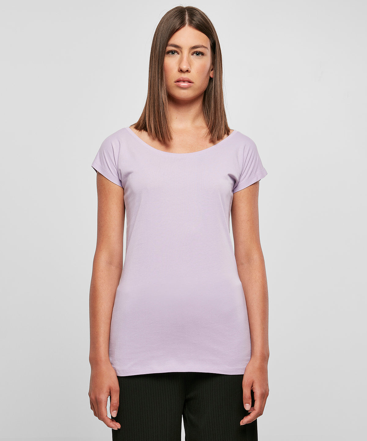 Build Your Brand Women's Wide Neck Tee Lilac Loose Fit Off-Shoulder Top