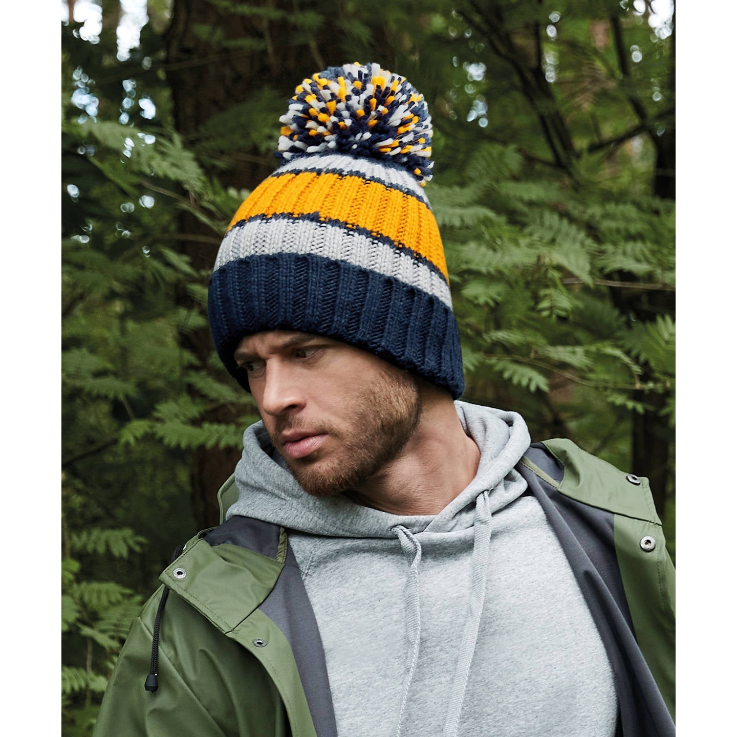 Beechfield Hygge Striped Beanie with Shearling Lining and Oversized Pom Pom