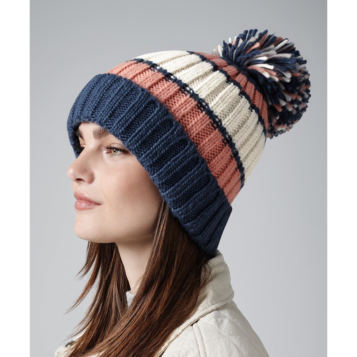 Beechfield Hygge Striped Beanie with Shearling Lining and Oversized Pom Pom