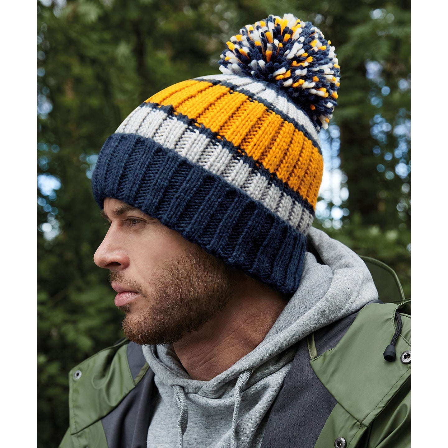 Beechfield Hygge Striped Beanie with Shearling Lining and Oversized Pom Pom