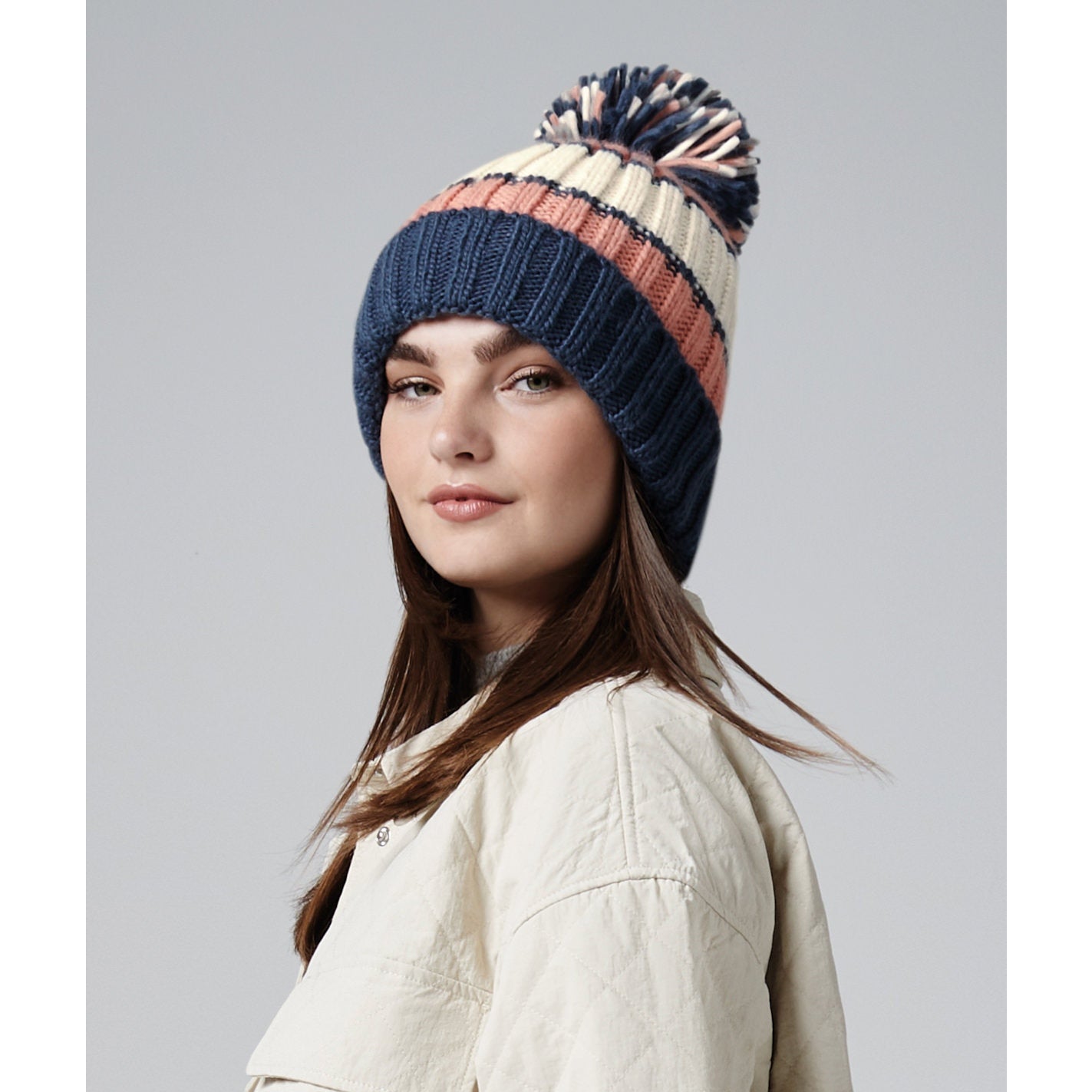 Beechfield Hygge Striped Beanie with Shearling Lining and Oversized Pom Pom
