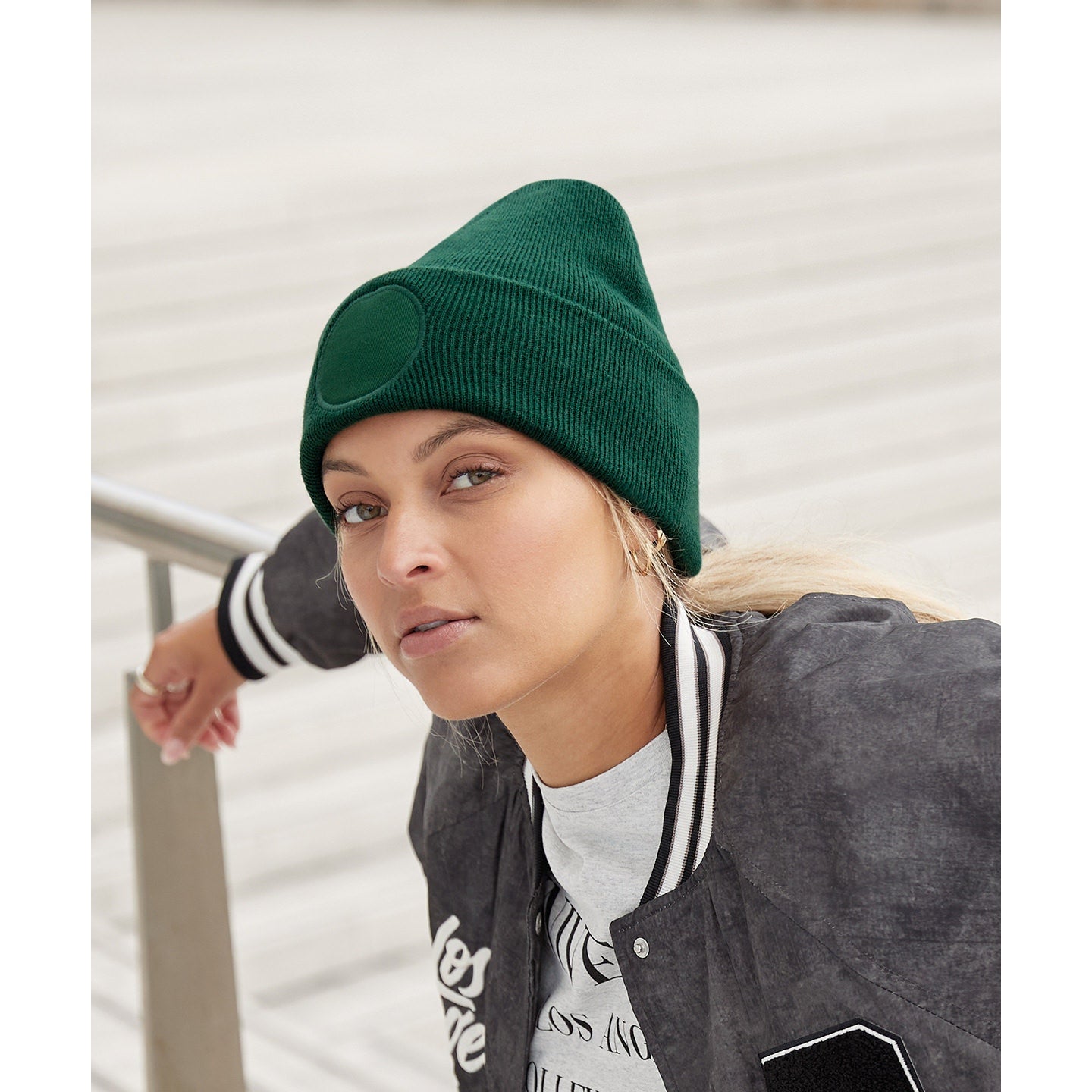 Beechfield Circular Patch Beanie Double Layer Knit Soft Touch Fabric Warmth