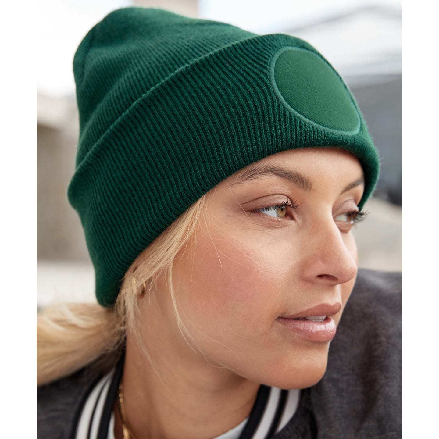Beechfield Circular Patch Beanie Double Layer Knit Soft Touch Fabric Warmth