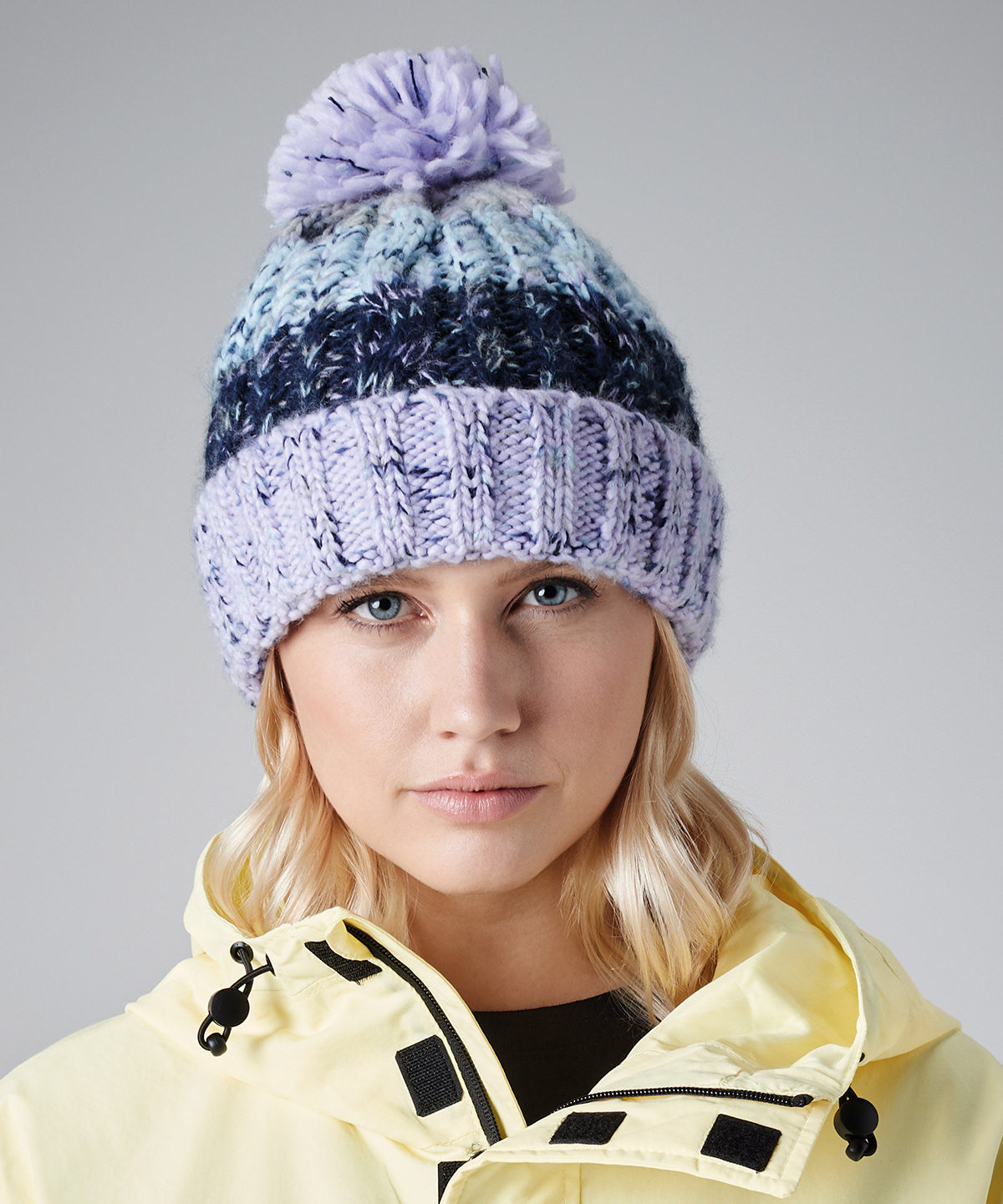 Beechfield Corkscrew Pom Pom Beanie Heavyweight Cable Knit with Shearling Band