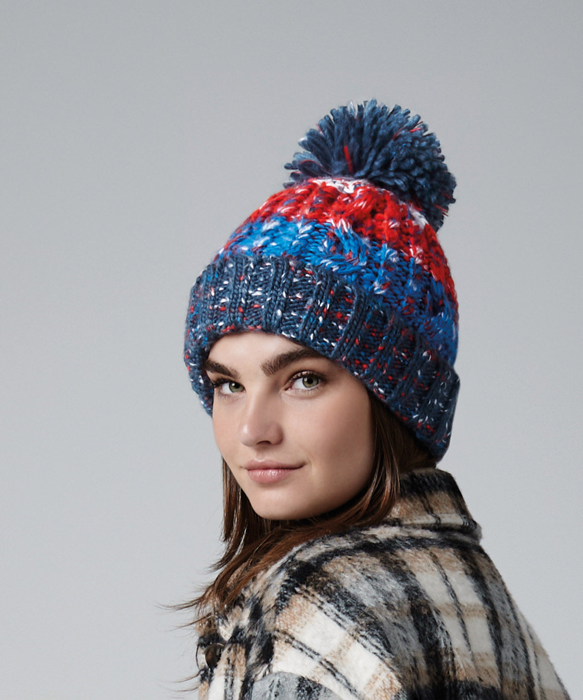 Beechfield Corkscrew Pom Pom Beanie Heavyweight Cable Knit with Shearling Band