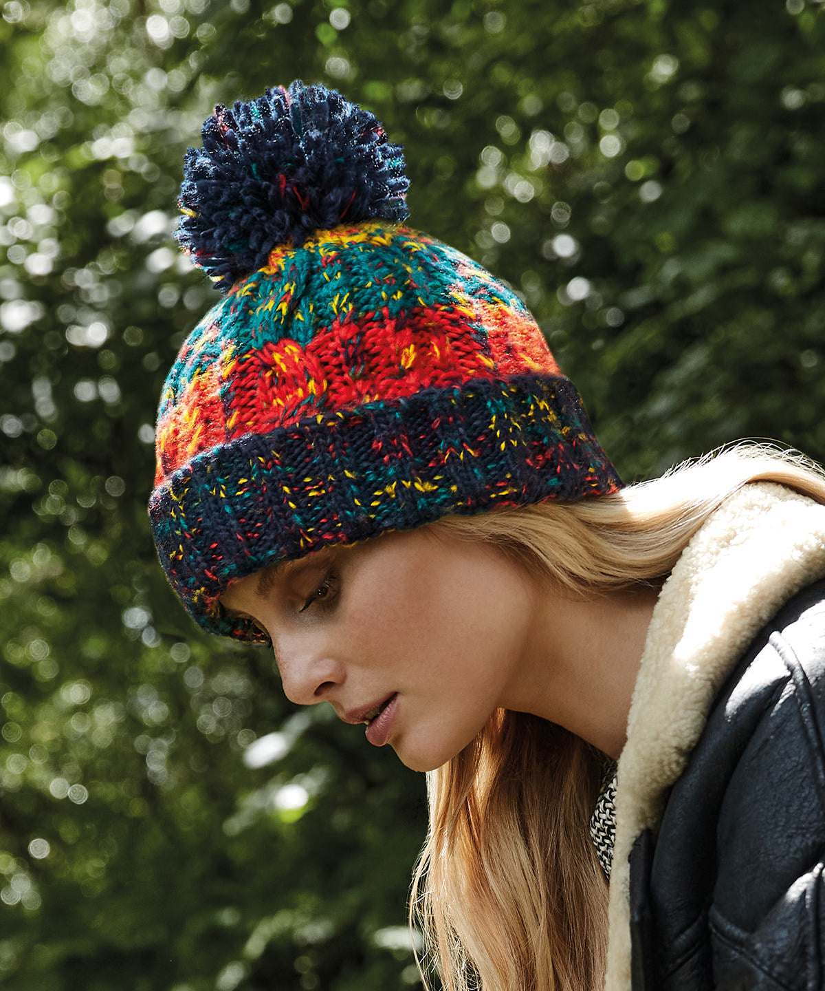Beechfield Corkscrew Pom Pom Beanie Heavyweight Cable Knit with Shearling Band