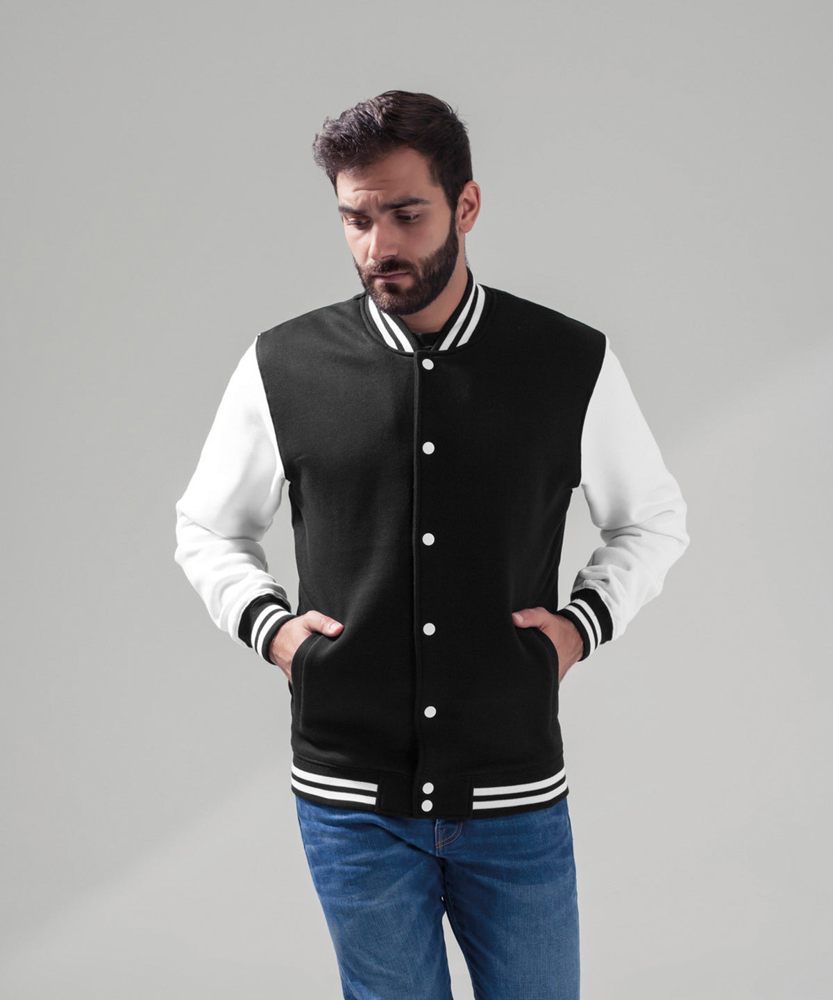 Build Your Brand College Jacket Contrast Cuffs Comfortable Stylish Preppy Look