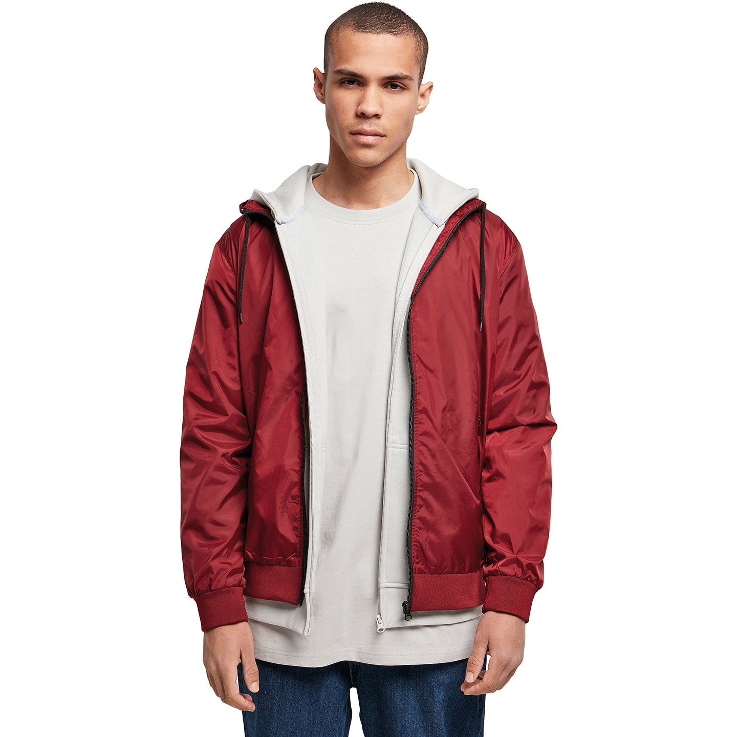 Build Your Brand Wind Runner Jacket Water-Resistant Mesh Lining Hooded Casual