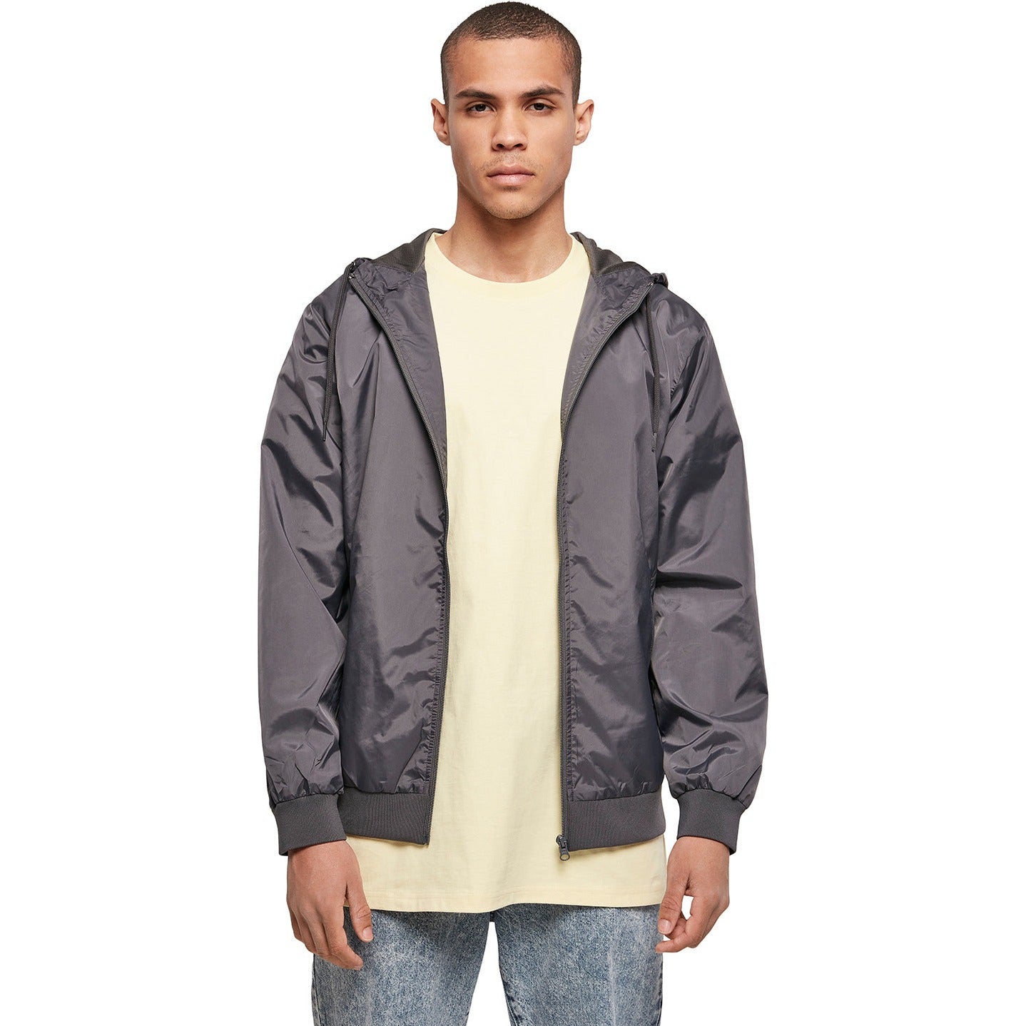 Build Your Brand Wind Runner Jacket Water-Resistant Mesh Lining Hooded Casual