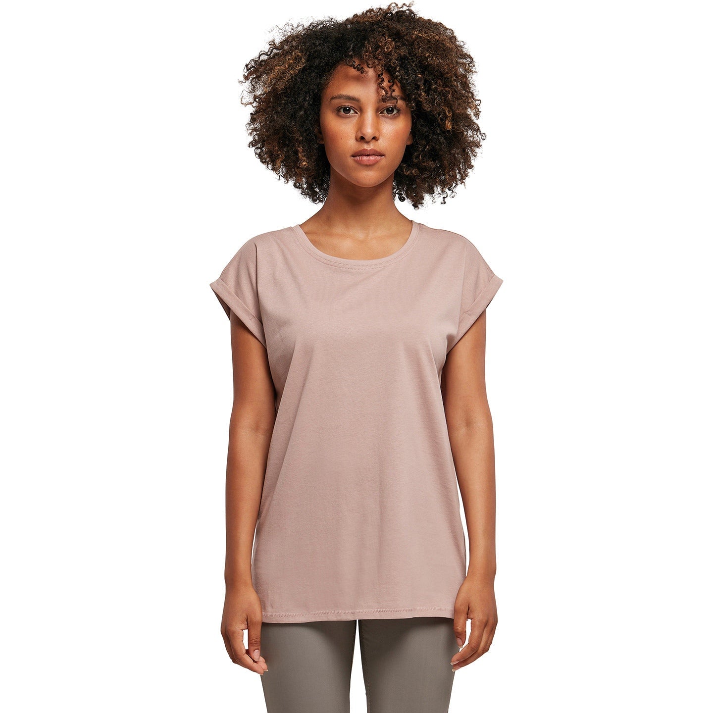 Build Your Brand Women's Extended Shoulder Tee Dusk Rose Casual Top
