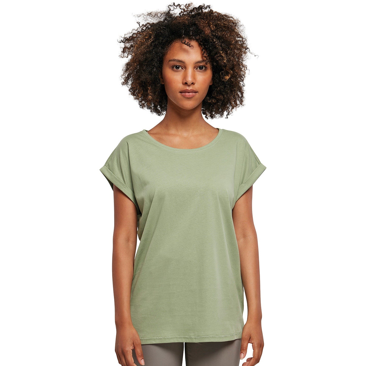 Build Your Brand Women's Extended Shoulder Tee Soft Salvia Casual Top