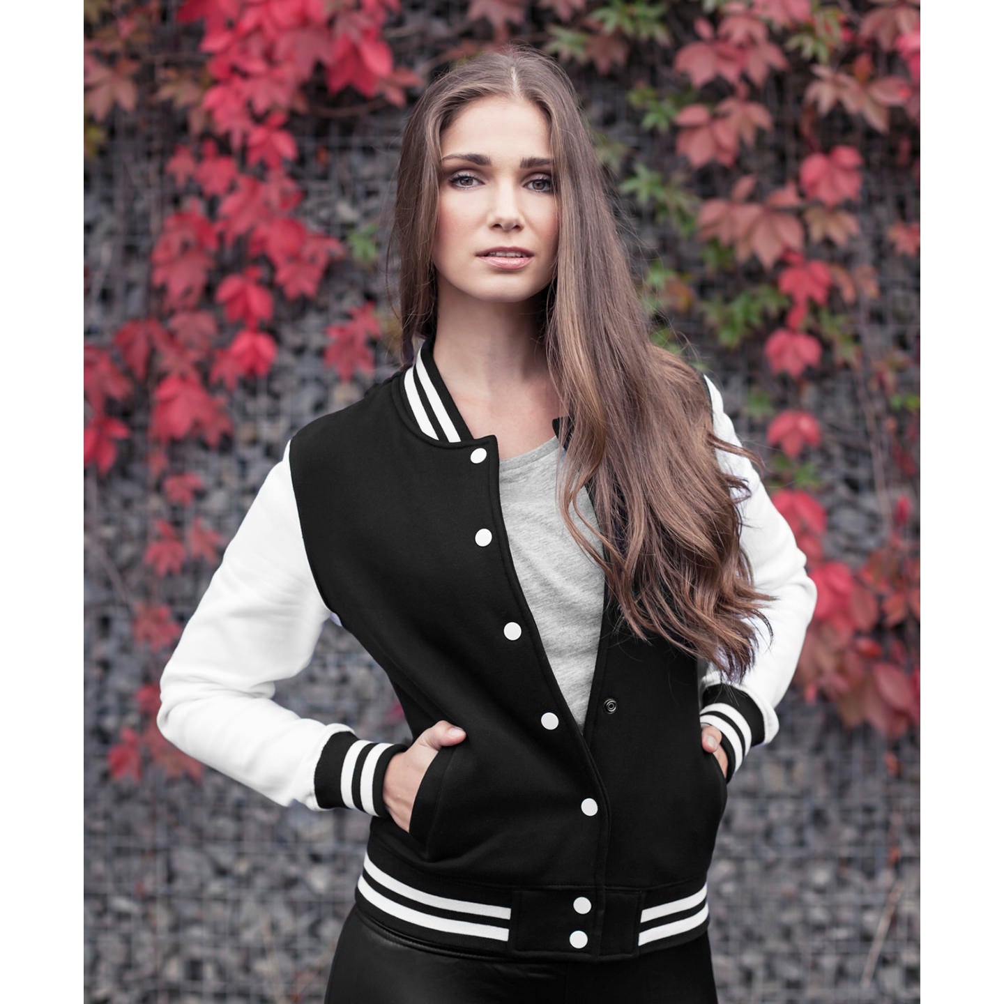 Build Your Brand Women's College Jacket Contrast Cuffs Comfortable Fit